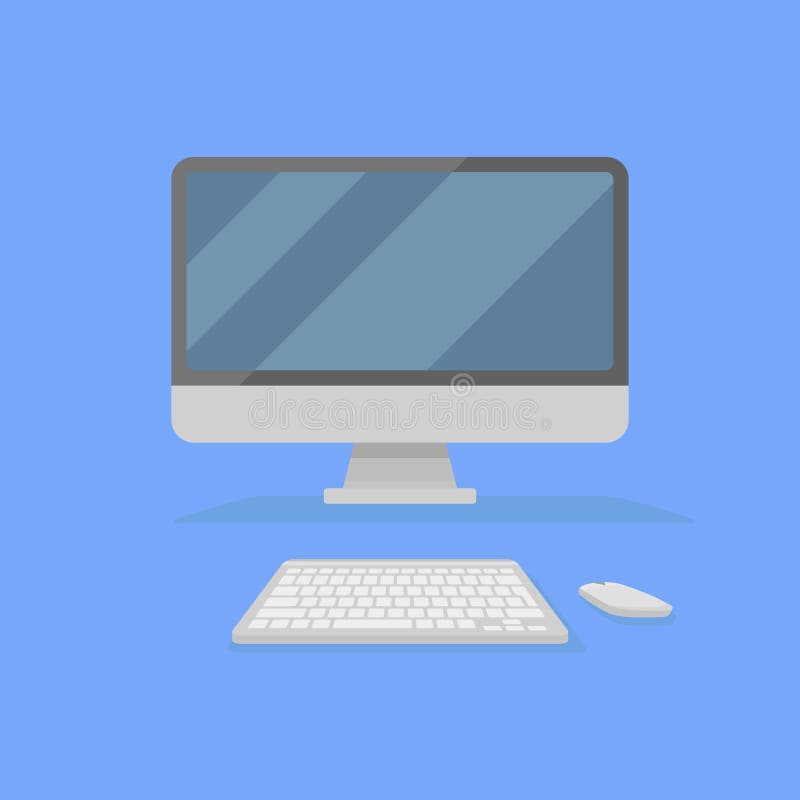 Tischplattenpersonal-computer mit dem Monitor, Tastatur und Maus lokalisiert auf blauem Hintergrund Front View Flache Artikone lizenzfreie abbildung