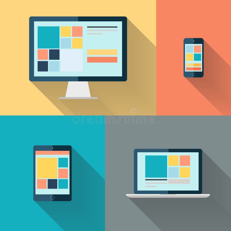 Tischrechner, Laptop, Tablette und intelligentes Telefon auf Farbhintergrund vector Illustration vektor abbildung
