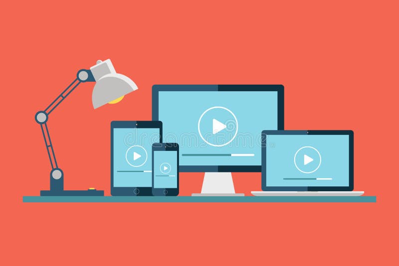 Tischrechner, Laptop, Tablette und Smartphone mit Spiel knöpfen auf dem Schirm Verwendbar für Webdesign Video-Player Media Player stock abbildung