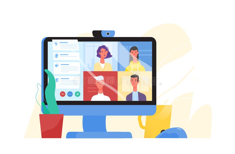 Tischrechner mit Gruppe Kollegen, die an der Videokonferenz teilnehmen Software für Videokonferenz und online vektor abbildung