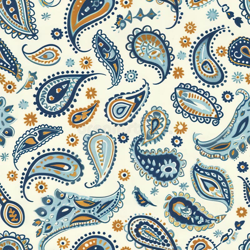 Tissu crème élégant avec motif cachemire bleu et orange complexe. Un élégant tissu crème avec motif cachemire bleu et orange complexe