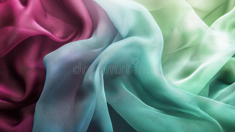 Tissu de soie coloré drapé doucement. Tissu de soie douce dans les tons de violet et de rideaux verts, créant élégamment une texture riche et un flux dynamique parfait pour la mode ou la décoration. IA générée