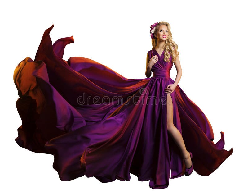 Tissu de vol de robe de femme, beau mannequin Purple Gown images libres de droits