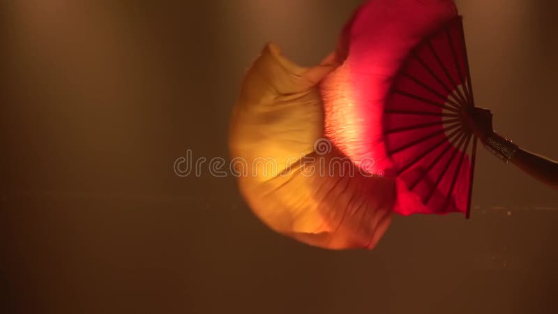 Tissus de soie ondulation de ventilateur de jeune danseuse du ventre. Effet de flamme. Tiré dans un studio noir avec de la fumée e banque de vidéos