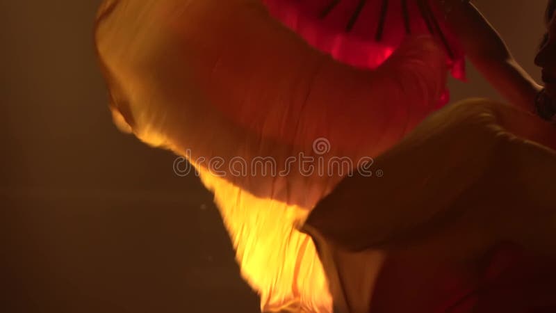 Tissus de soie ondulation de ventilateur de jeune danseuse du ventre. Effet de flamme. Tiré dans un studio noir avec de la fumée e banque de vidéos