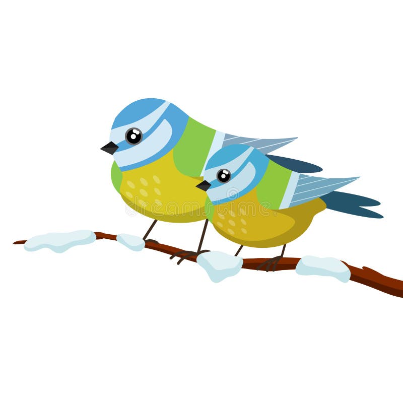Tit på trädgren. snö på träd och fåglar vektor illustrationer