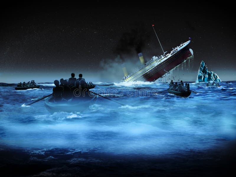 In der Nacht, auf den kalten Gewässern, mehrere Rettungsboote verlassen den Ort, wo die Titanic liner versinkt.