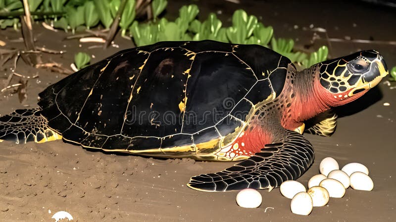 Titel Majestic Hawksbill Sea Turtle Lutägg på Sandy Beach på natten arkivbilder