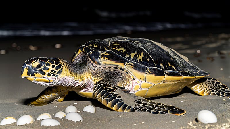 Titel Majestic Hawksbill Sea Turtle Lutägg på Sandy Beach på natten royaltyfria foton
