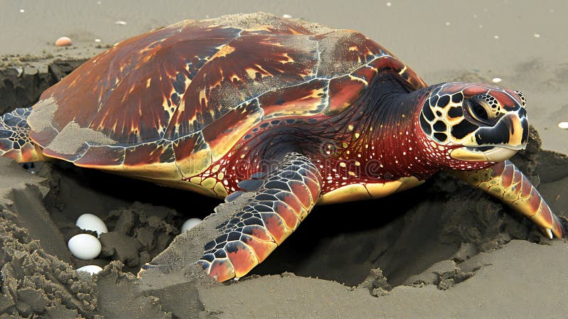 Titel Majestic Hawksbill Sea Turtle Naking på Sandy Beach Protection her Precious Eggs royaltyfri foto