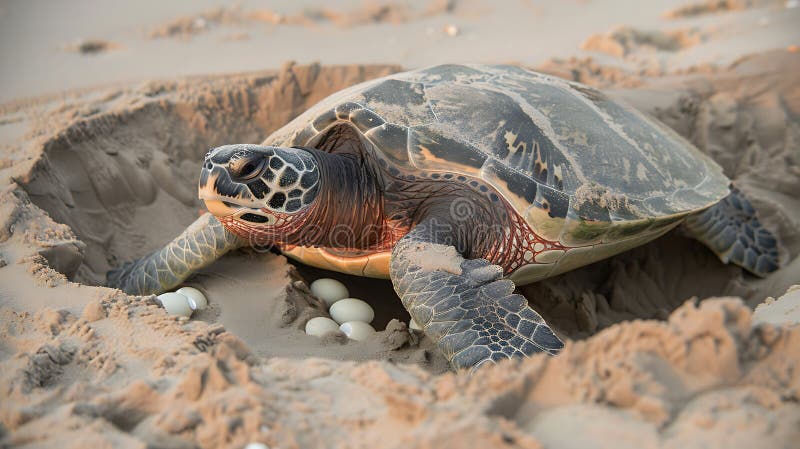 Titel Majestic Sea Turtle LutEggs på Sandy Beach vid Sunrise royaltyfria bilder