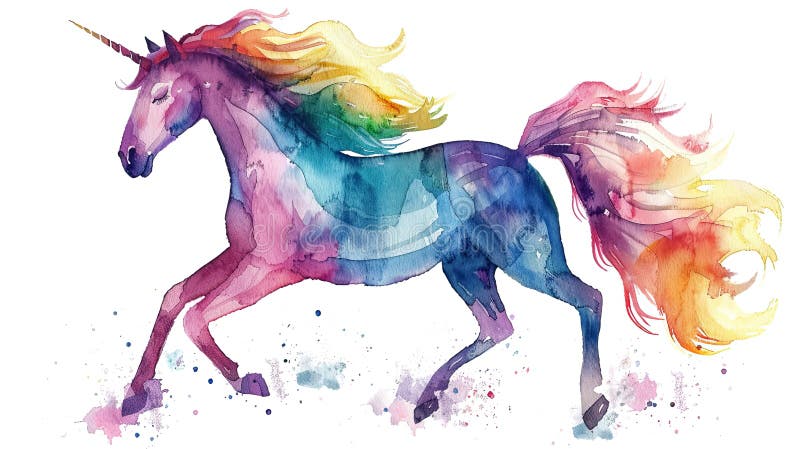This title highlights the concept of a magical unicorn in vibrant rainbow colors, showcased in a watercolor medium royalty free illustration