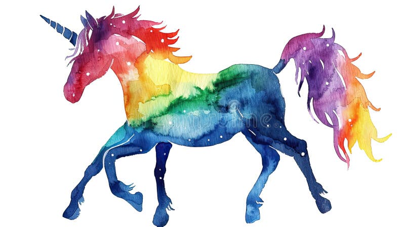 This title highlights the concept of a magical unicorn in vibrant rainbow colors, showcased in a watercolor medium stock illustration