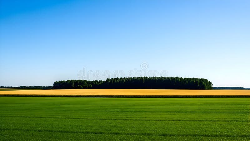 Title: A vast expanse of green fields with a distant line of trees under a clear blue sky in a vector illustration