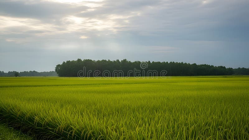 Title: Wide view of expansive green rice fields under a cloudy sky with a line of trees in the stock illustration