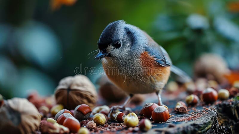Titmvogel interagieren mit einer Vielzahl von Nüssen, die ihr energetisches Verhalten durch ai generiert vektor abbildung