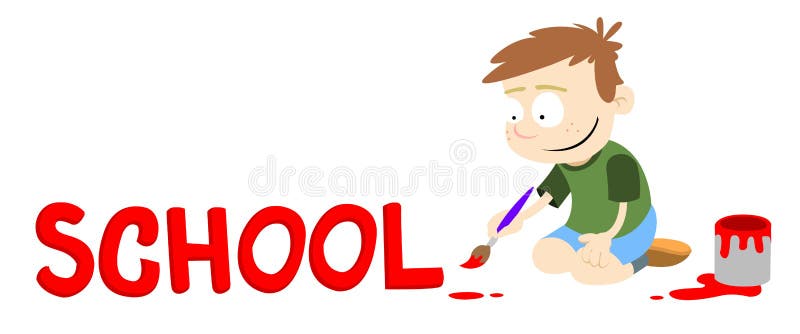 A greeting caption. A boy painting the word 'School' in red paint. Vector graphic. A greeting caption. A boy painting the word 'School' in red paint. Vector graphic.