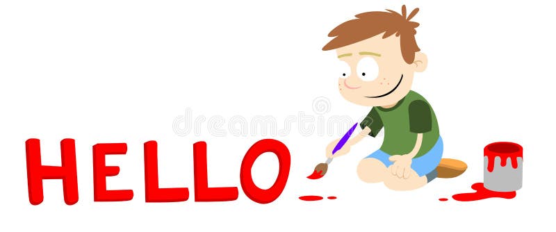 A greeting caption. A boy painting the word 'Hello' in red paint. Vector graphic. A greeting caption. A boy painting the word 'Hello' in red paint. Vector graphic.