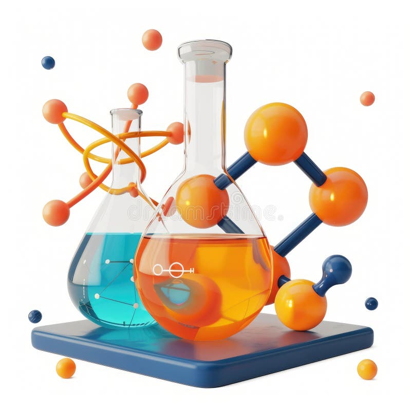 Titre Expérience de chimie colorée : Erlenmeyer Flacs avec modèles moléculaires Concept scientifique illustration stock
