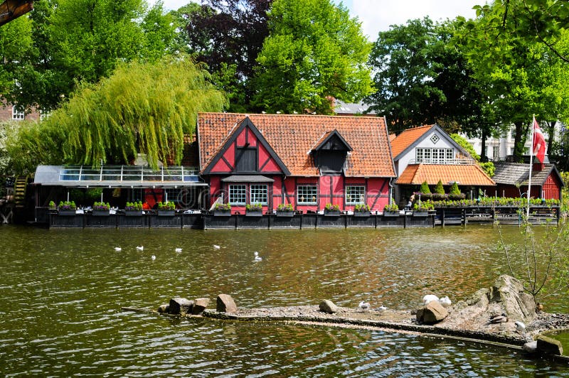 Copenhagen, Denmark - May 25, 2010: View of the lake at Tivoli Gardens with wild goose on it.