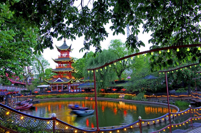 Tivoli gardens amusement park, chinese tower in Copenhagen