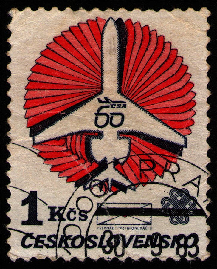 CZECHOSLOVAKIA - CIRCA 1983: post stamp 1 Czechoslovak koruna printed by Czechoslovak Socialist Republic, shows Stylized aircraft and logo, Czechoslovak Airlines, 60th Anniversary, circa 1983. CZECHOSLOVAKIA - CIRCA 1983: post stamp 1 Czechoslovak koruna printed by Czechoslovak Socialist Republic, shows Stylized aircraft and logo, Czechoslovak Airlines, 60th Anniversary, circa 1983