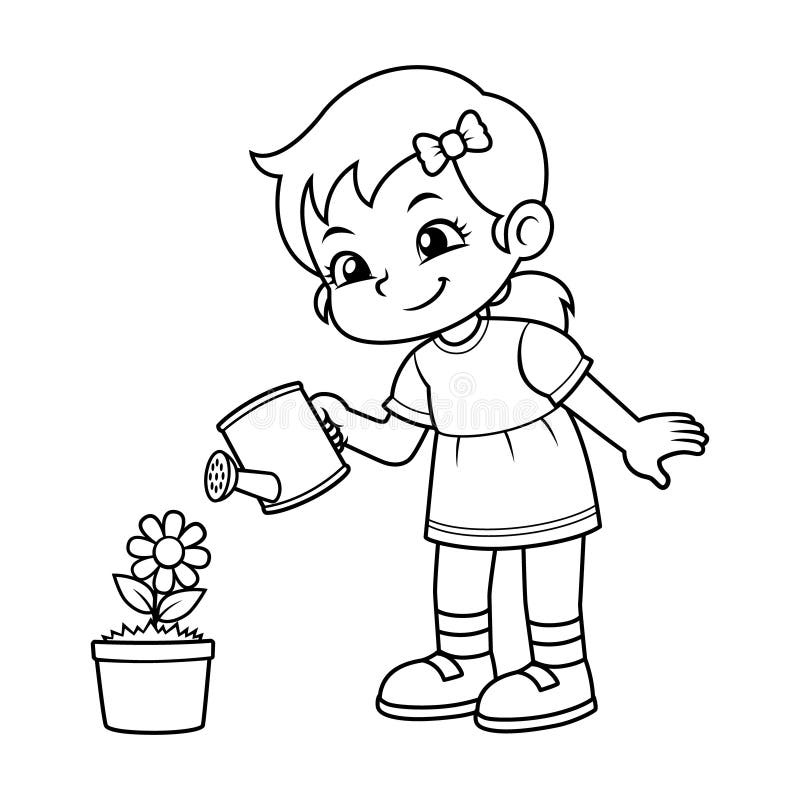 Tjej som vattnar ur sin blomväxt stock illustrationer