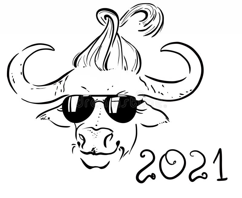 Tjuren är en symbol för 2021 enligt den östra kalendern, grafik Hipster-tjur med modernt hårstil och glas Vector-grafik