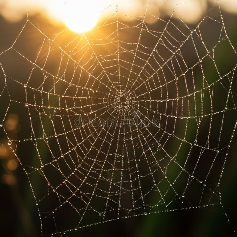 Tkana pajęczyna z kroplami rosy błyszczącymi w słońcu. Sieci Web ilustracji