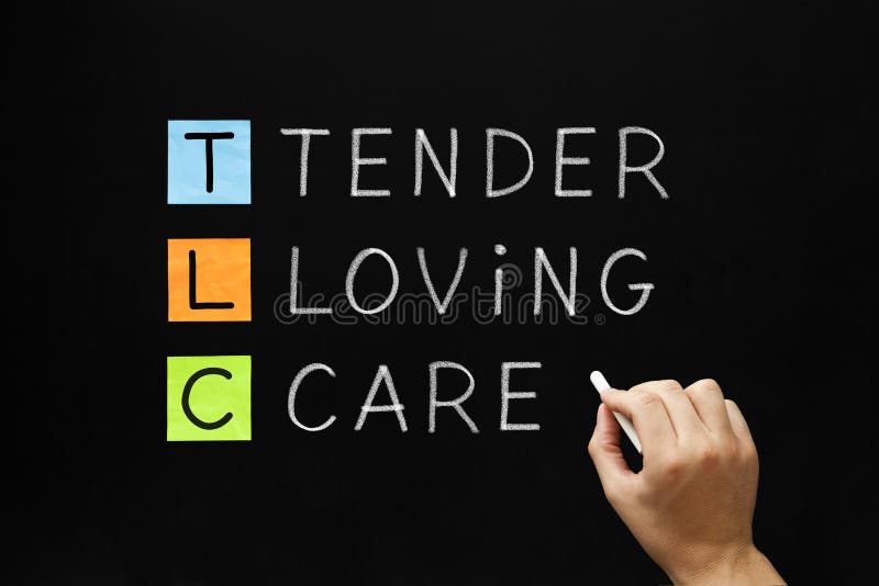 Hand writing TLC - Tender Loving Care with white chalk on blackboard.