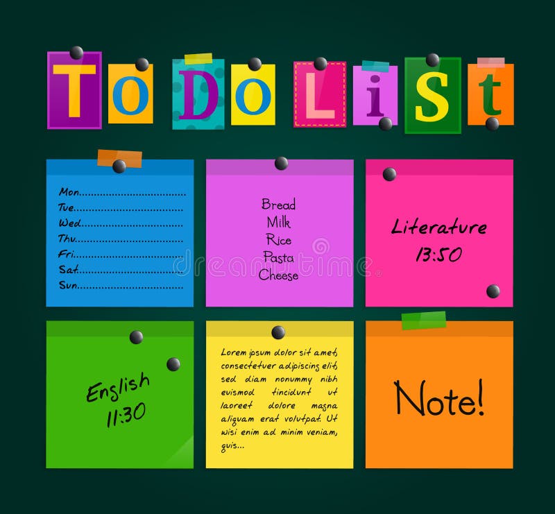 To do list from letters and colorful sticky notes attached to a blackboard with magnets. Vector. stock illustration