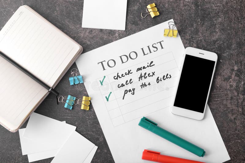 To do List with Phone and Stationery on Grey Background Stock Image
