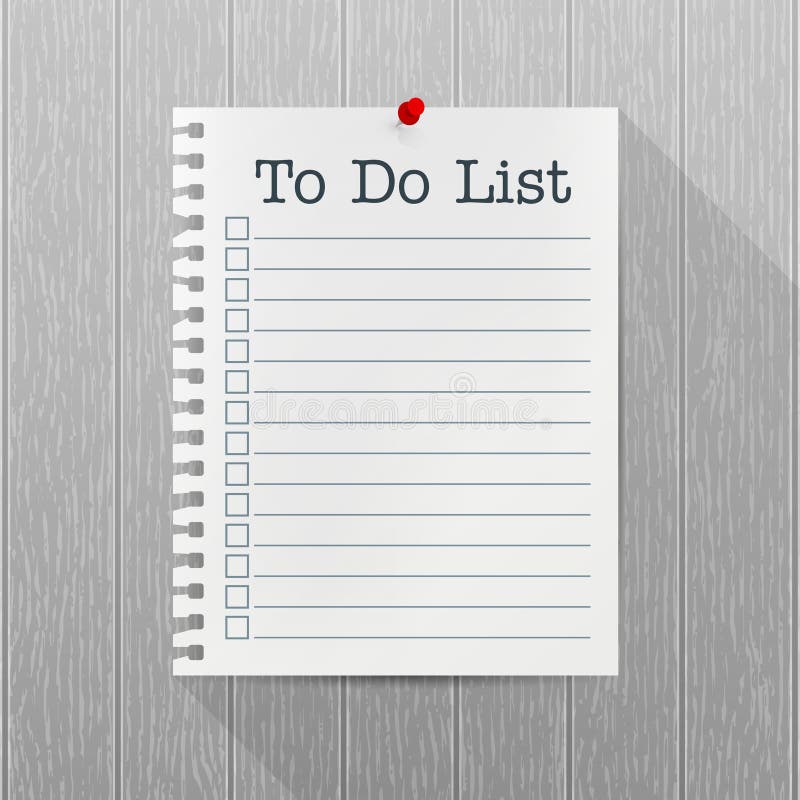 To Do List vector mockup. Sheet of paper with a pin hanging on a gray wooden wall. Empty blank. Wood texture with stock illustration