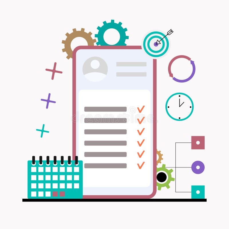 To do task list on smartphone, planning organization online application, calendar and clock stock illustration