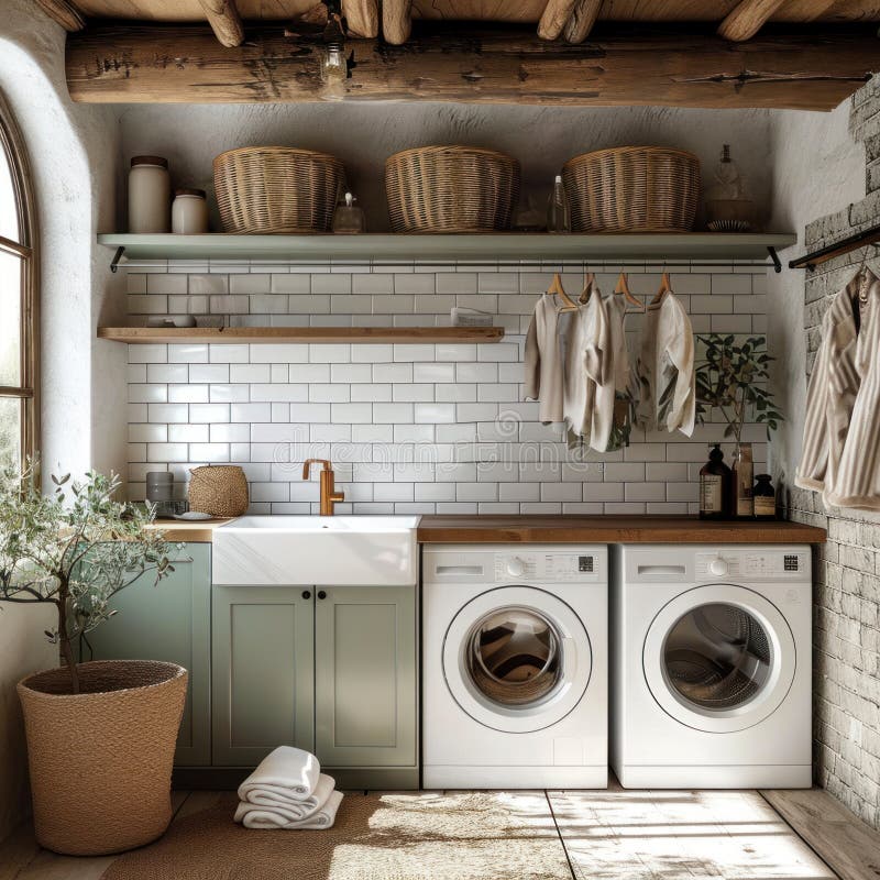 To make laundry look more luxurious, opt for an appliance with two washing machines and one sink stock image