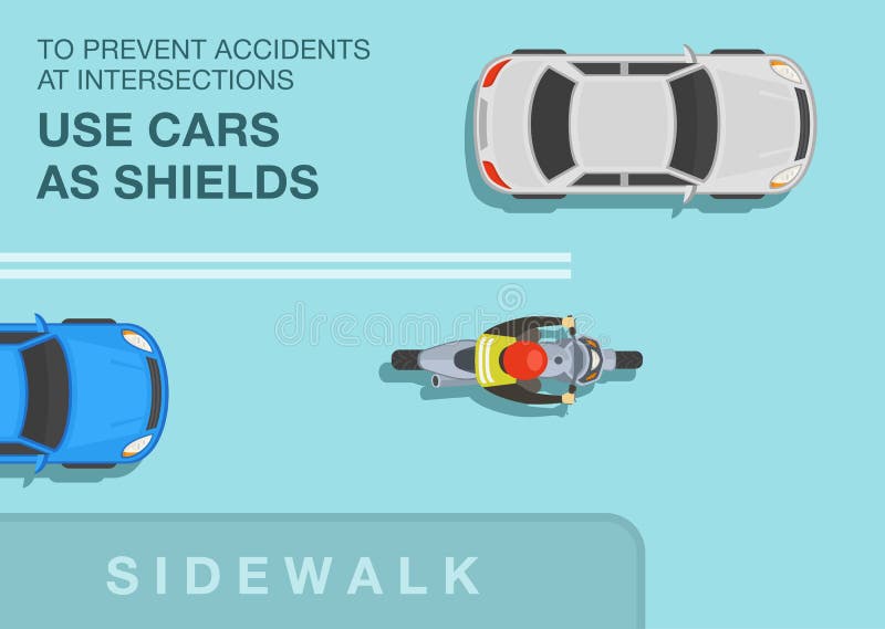 To prevent accidents at intersections use cars as shields. Top view of a biker riding on the city crossroad.