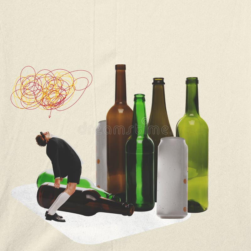 To stop drinking. Alcoholism concept. Stop alcohol addiction. Addicting to alcoholic drink. Artwork or creative collage