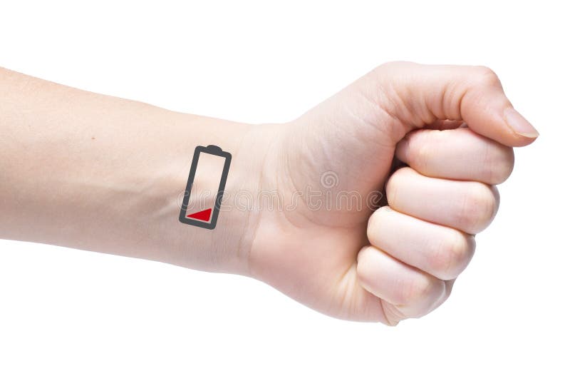 To wear yourself out. Human exhaustion lead to depression. Icons of empty battery on the wrist.