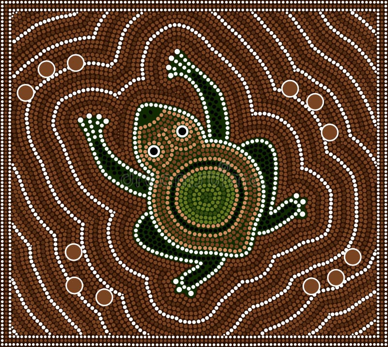 A illustration based on aboriginal style of dot painting depicting toad. Australian aboriginal border illustrations
