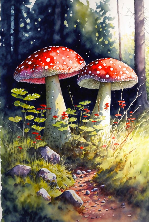 Toadstool, Mushrooms in Red with White Spots, Forest Landscape Stock