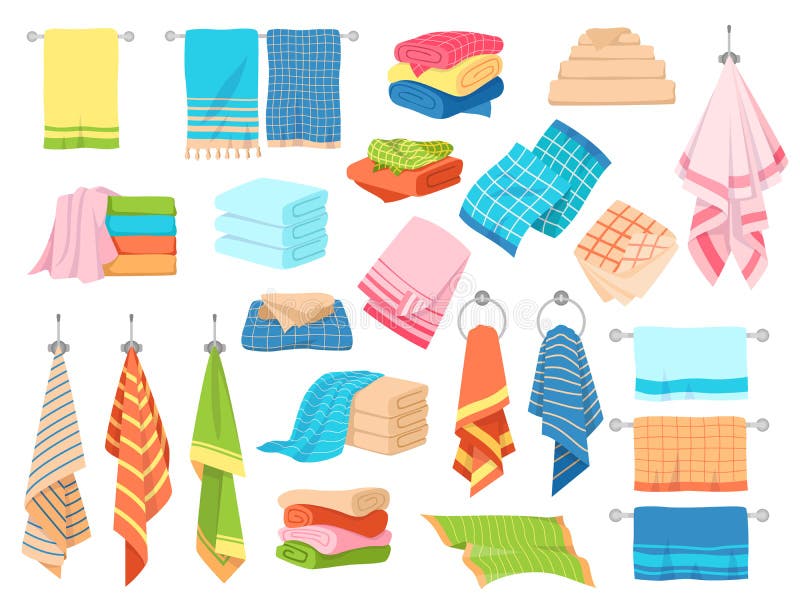 Bath towel. Hand kitchen towels, textile cloth for spa, beach, shower fabric rolls lying in stack. Cartoon vector hygiene objects clothing softness blanket hanging handkerchief set. Bath towel. Hand kitchen towels, textile cloth for spa, beach, shower fabric rolls lying in stack. Cartoon vector hygiene objects clothing softness blanket hanging handkerchief set