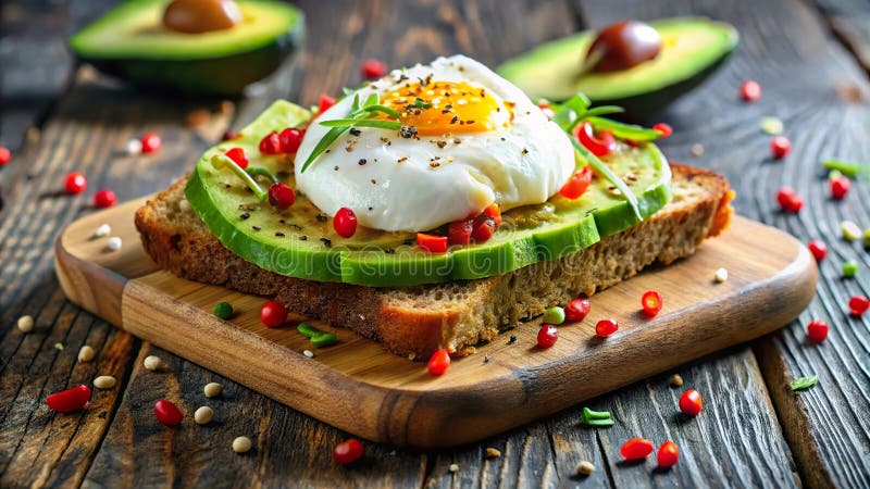 Toast all'avocado con uova perfettamente imbottite e erbe fresche su un pannello di legno rustico. aizione generativa illustrazione vettoriale