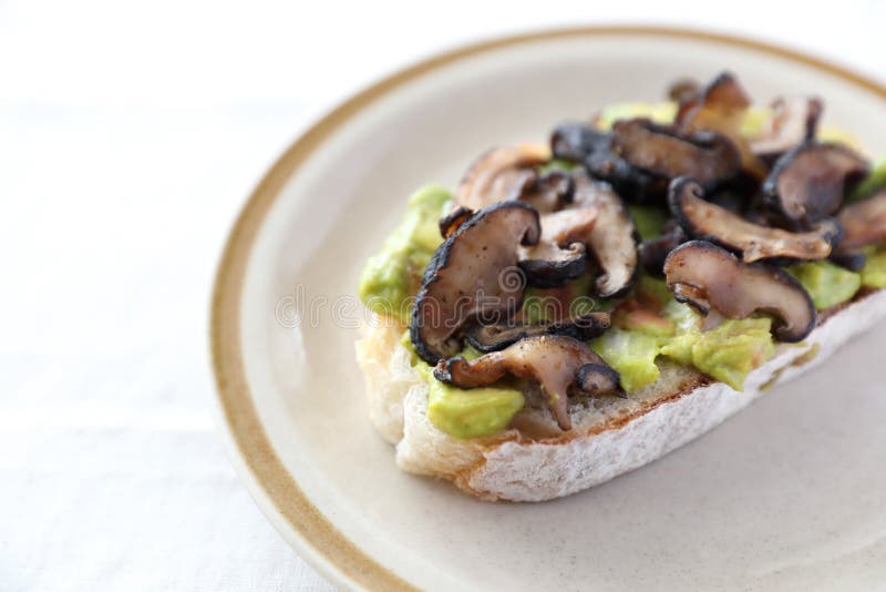 Toast with Avocado and Grilled Mushroom in White Background Stock Photo