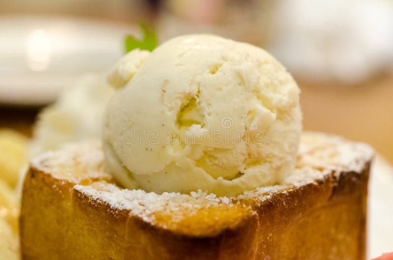 Toast Bread Pudding with Ice Cream and Banana Stock Image Image of