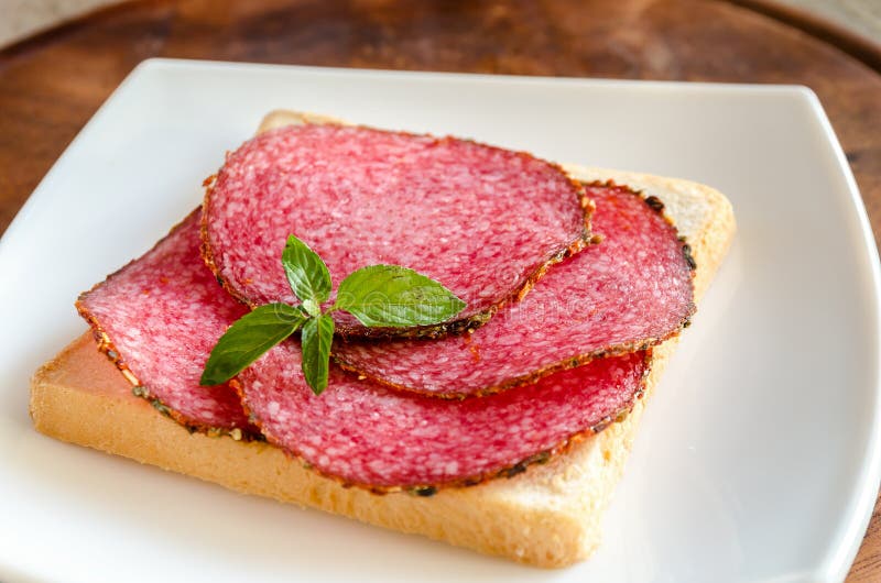 Toast with italian salami stock image. Image of green - 45991495