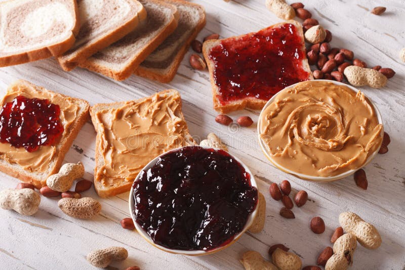 Toast with Peanut Butter and Jelly Closeup. Horizontal Stock Photo Image of delicious, lunch
