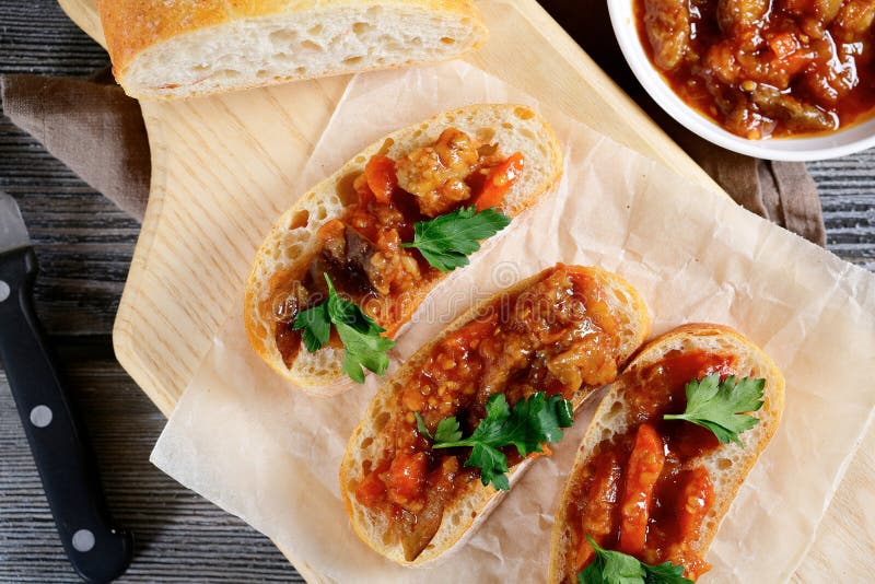 Toast with Roasted Eggplant and Tomatoes Stock Photo Image of rustic, sandwich 52019330