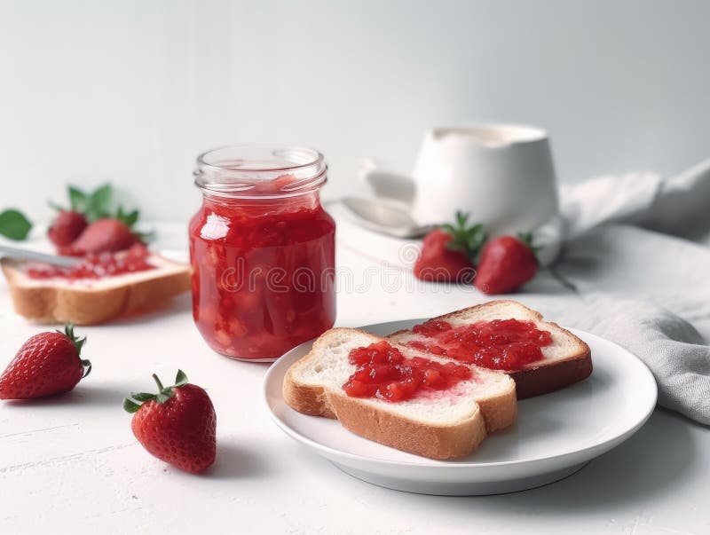Toast with Strawberry Jam for Breakfast on White Table. Generative AI