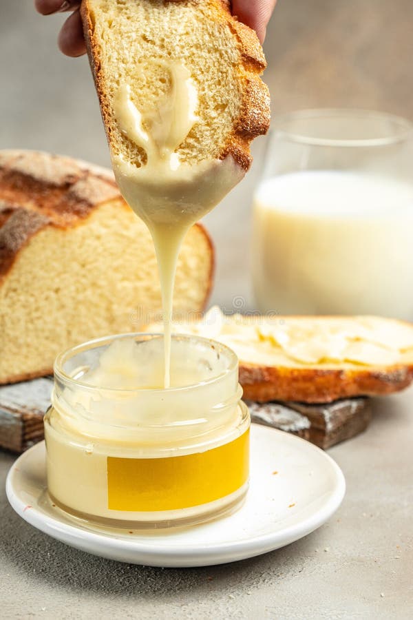 Toast with Sweetened Condensed Milk. Vertical Image Stock Photo Image
