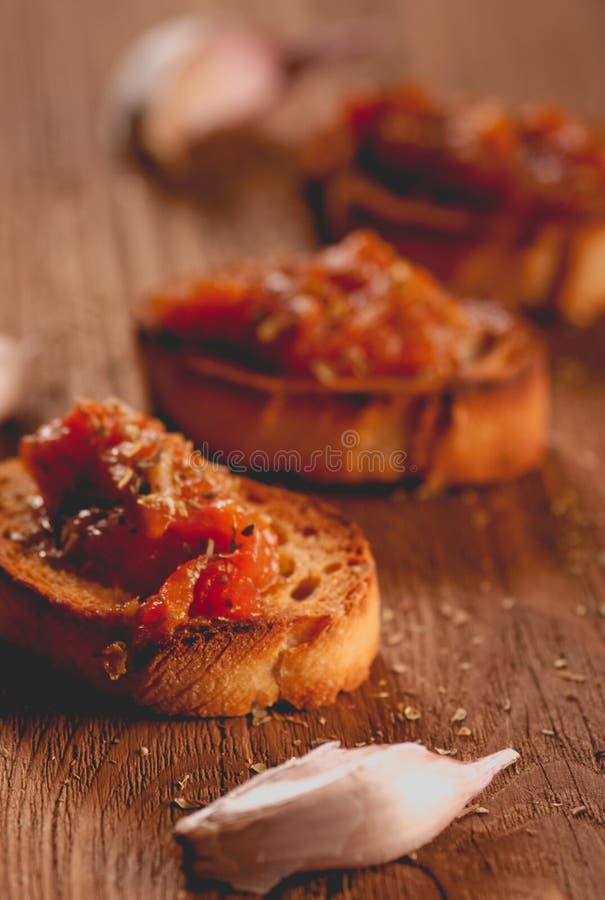 Toast with tomato sauce. stock photo. Image of food, garlic 37228250